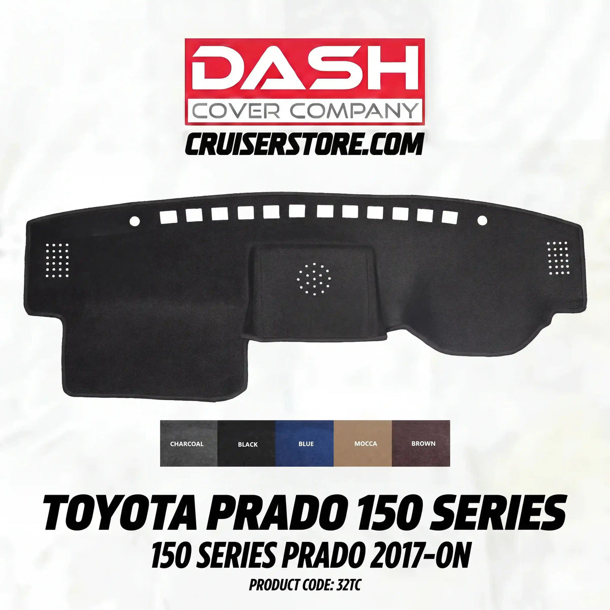 Car dashboard cover for Toyota Prado 150 Series with Dash Cover Company branding on a white background.
