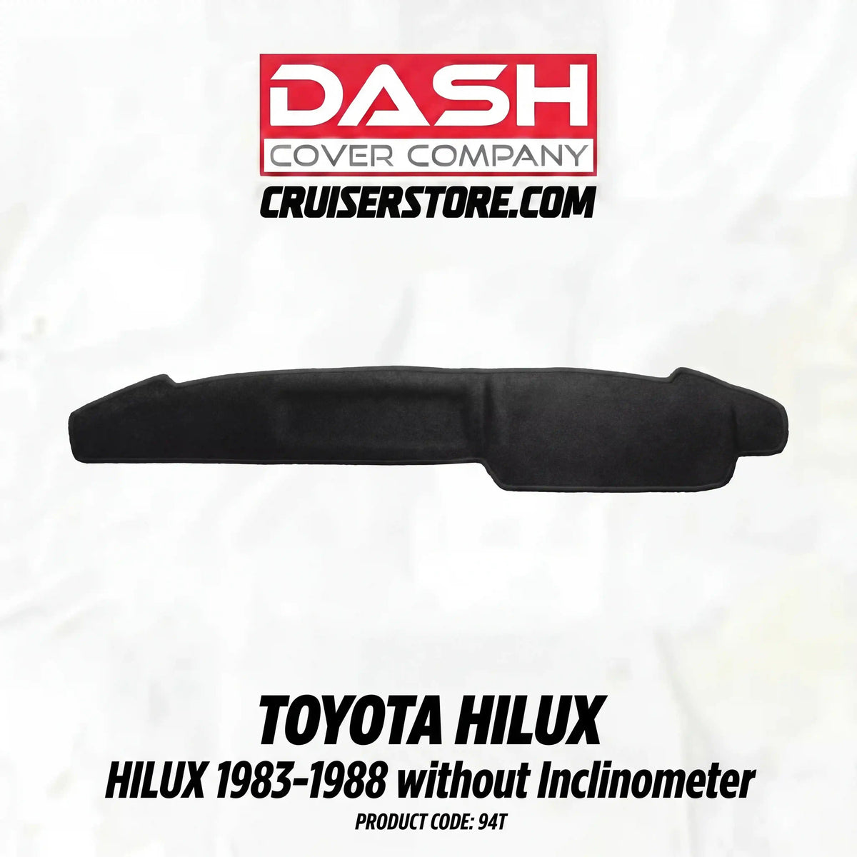 Black car dashboard cover for Toyota Hilux on a white background with Dash Cover Company branding.