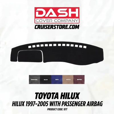 Car dashboard cover for Toyota Hilux with Dash Cover Company branding on a white background.