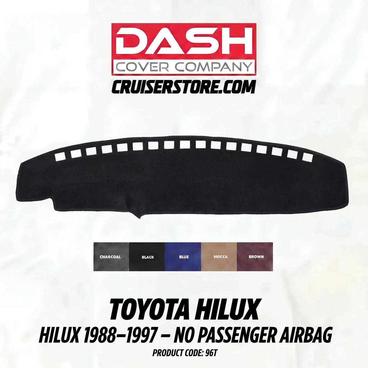 Car dashboard cover for Toyota Hilux with color options and product code on a white background.
