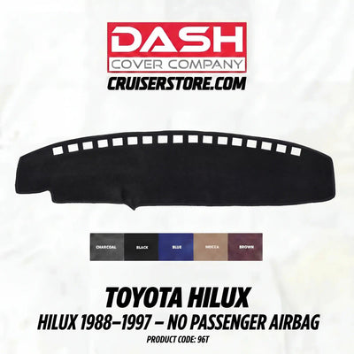 Car dashboard cover for Toyota Hilux with color options and product code on a white background.