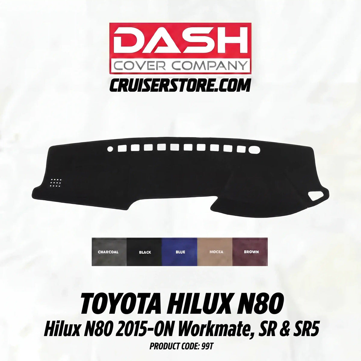 Car dashboard cover for Toyota Hilux N80 with Dash Cover Company branding on a white background.