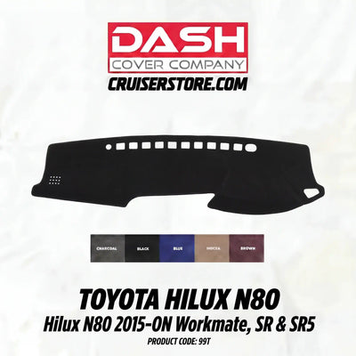 Car dashboard cover for Toyota Hilux N80 with Dash Cover Company branding on a white background.