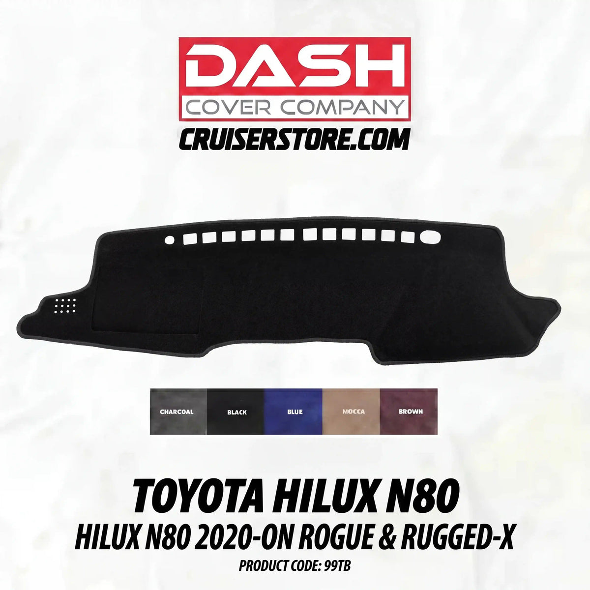 Dash Cover Company dash mat for Toyota Hilux N80 Rogue and Rugged-X on a white background
