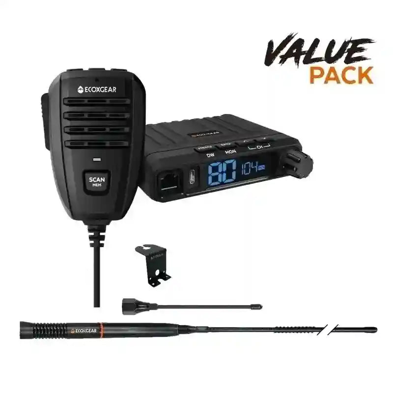 Fixed Mount UHF Radio with antennas and a mount on a white background, featuring the EcoGear brand.