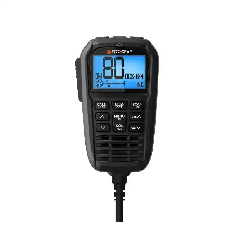 Black radio communication device with digital display on a white background