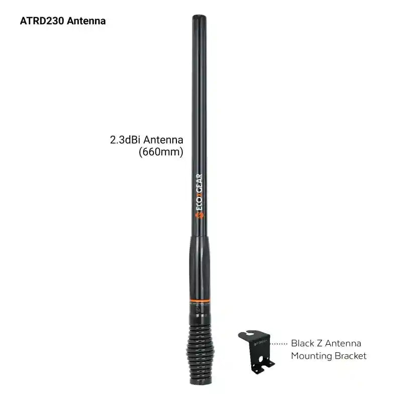 Black antenna with mounting bracket on a white background