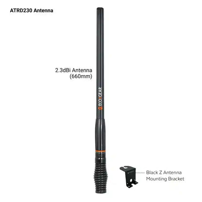 Black antenna with mounting bracket on a white background