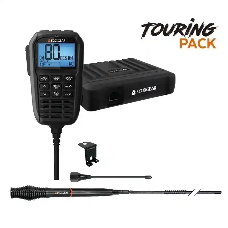 Ecoxgear touring pack with radio, power adapter, and antenna on a white background