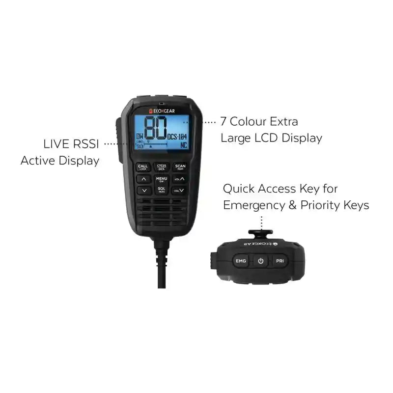 Black radio communication device with remote control on a white background