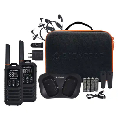 Ekocgear communication kit with walkie-talkies, charger, and accessories on a white background