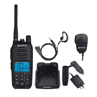 Black Handheld UHF Radio with accessories on a white background