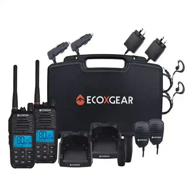 EcoXGear communication device set with radios, charger, and accessories on a white background