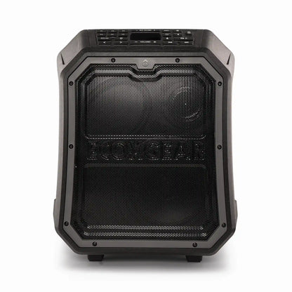 Black portable speaker on a white background