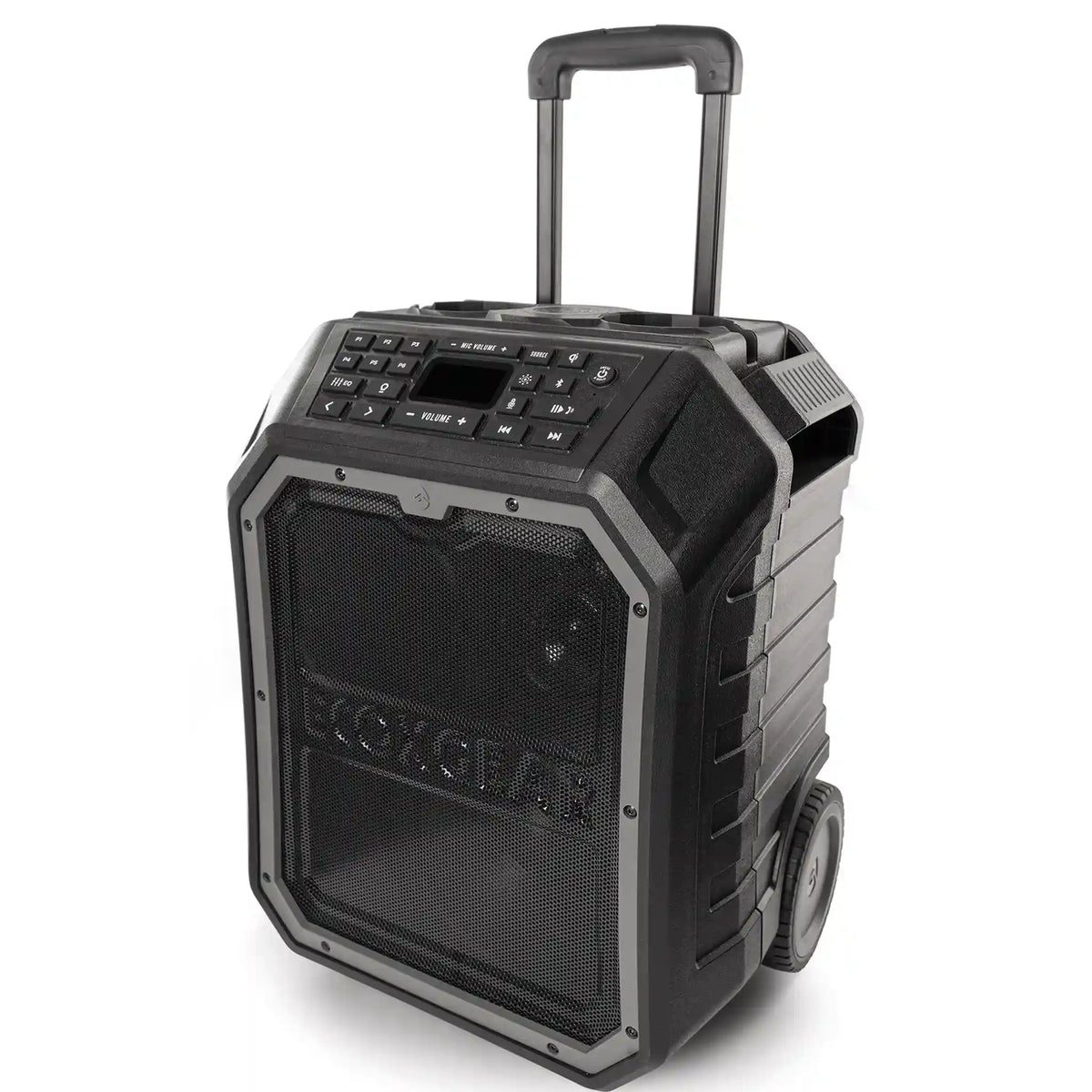 Black portable speaker with wheels and control panel on a white background