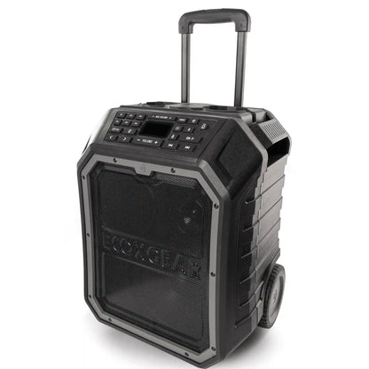 Black portable speaker with wheels and control panel on a white background