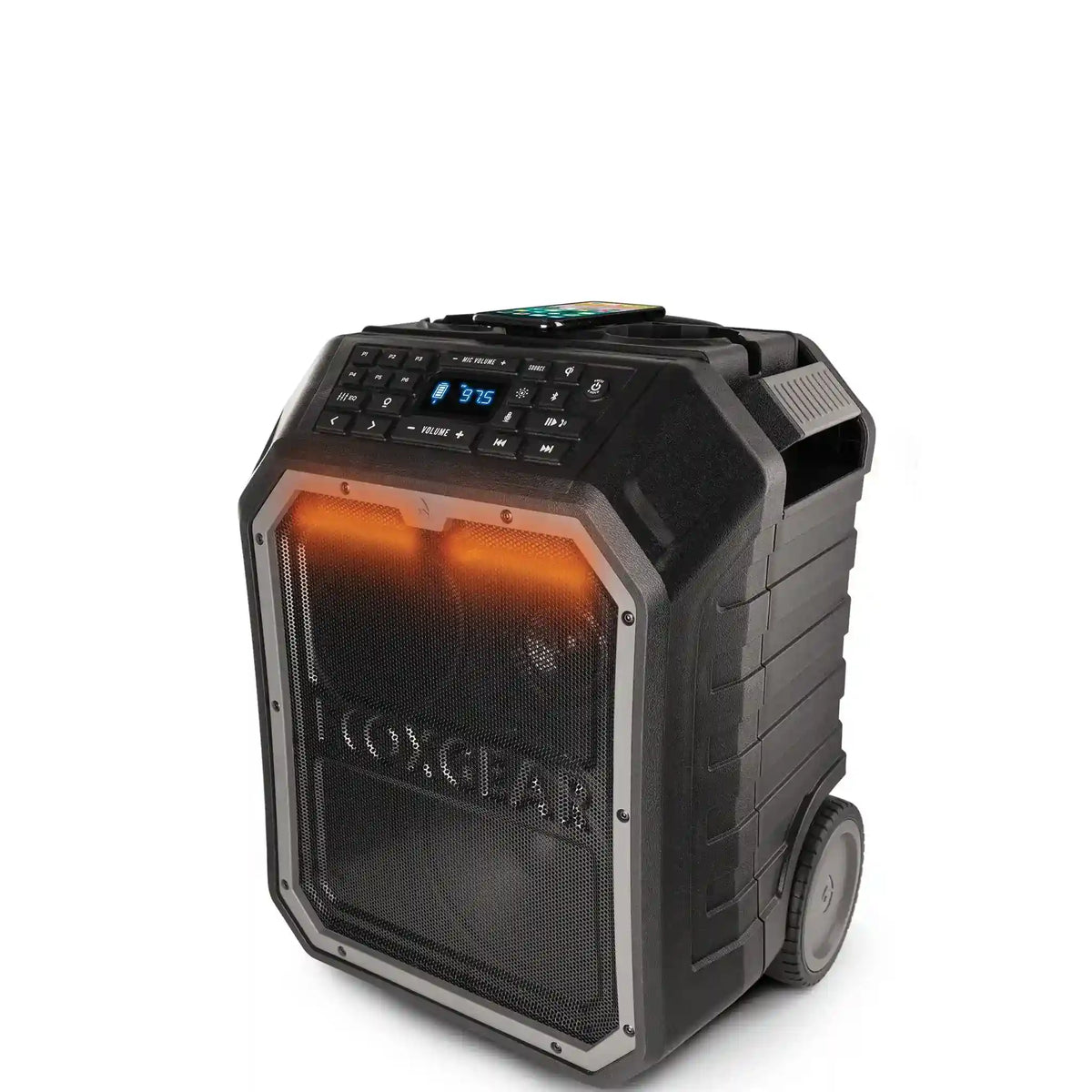 Black portable speaker with digital display on a white background