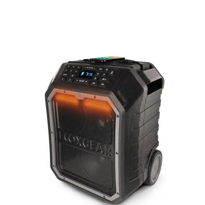 Black portable speaker with digital display on a white background