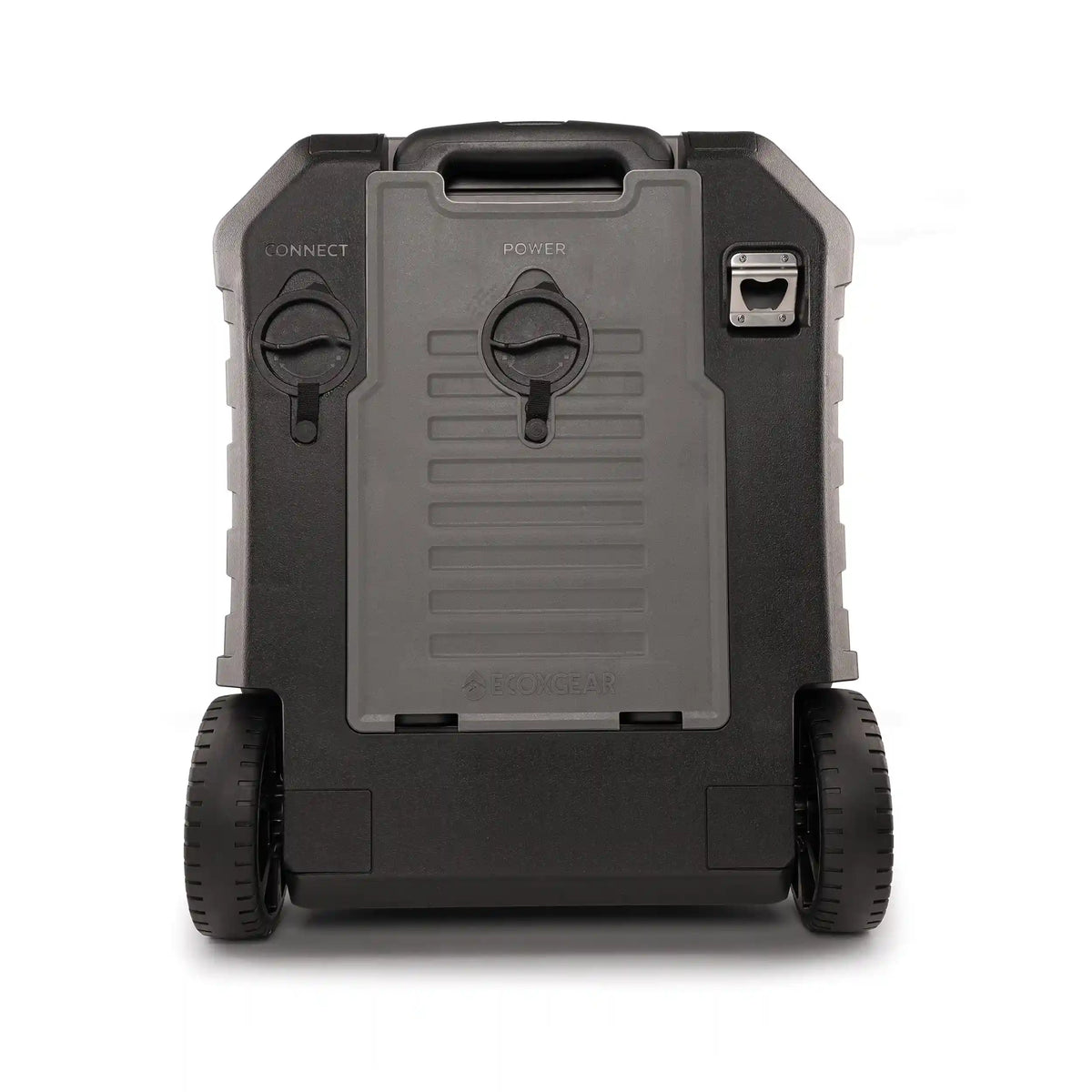 Black and gray portable power station with wheels on a white background