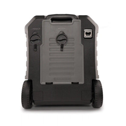 Black and gray portable power station with wheels on a white background