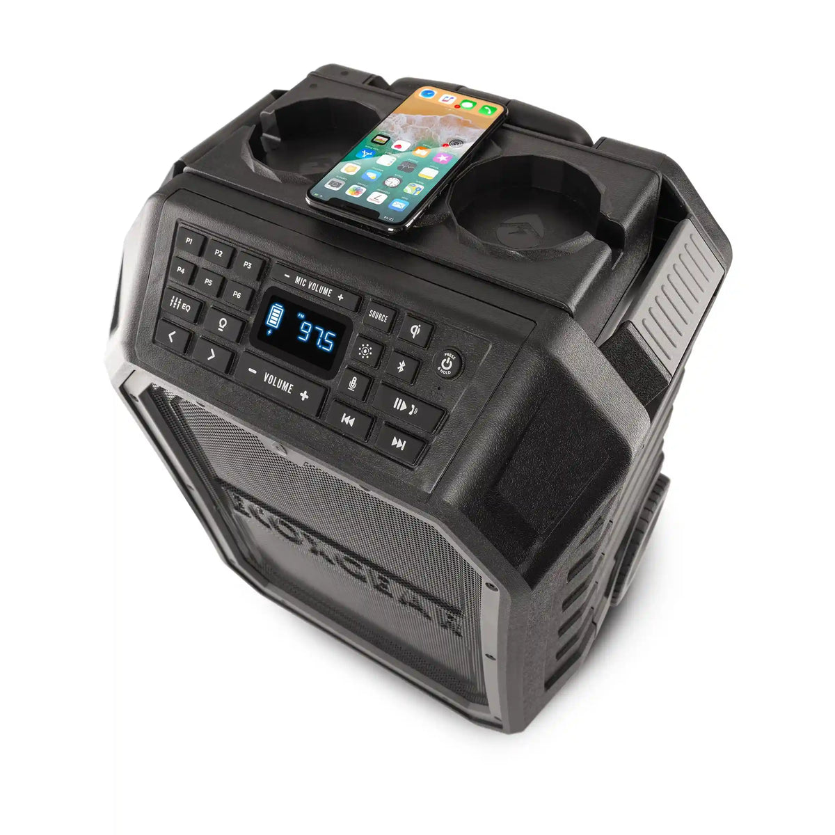 Portable speaker with phone and control panel on a white background