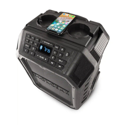 Portable speaker with phone and control panel on a white background