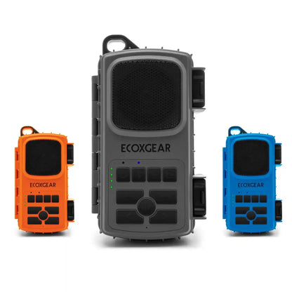 Three EcoExtreme 2 electronic devices in orange, gray, and blue on a white background