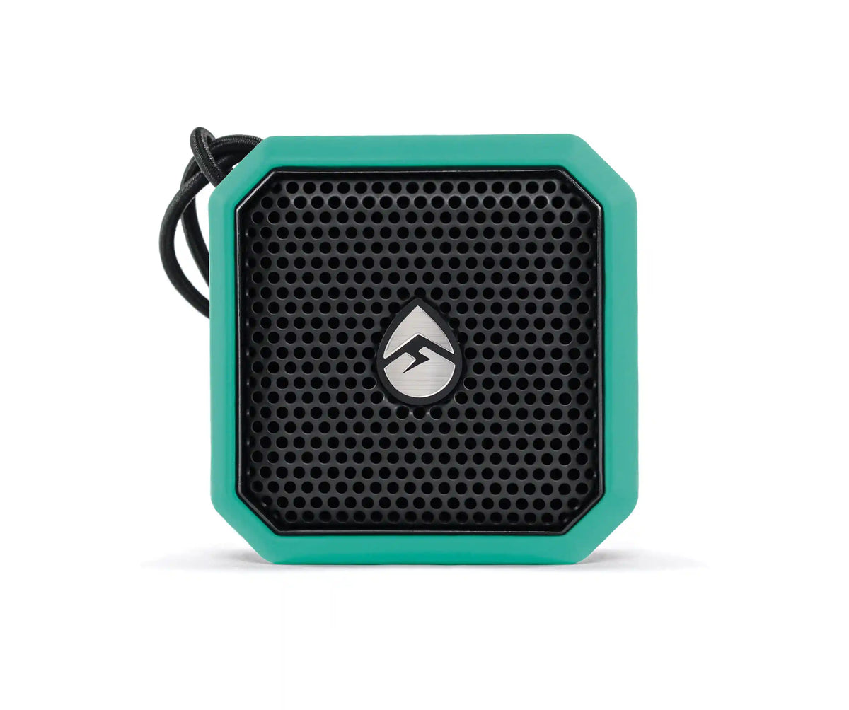 Teal and black portable speaker with a brand logo on a white background