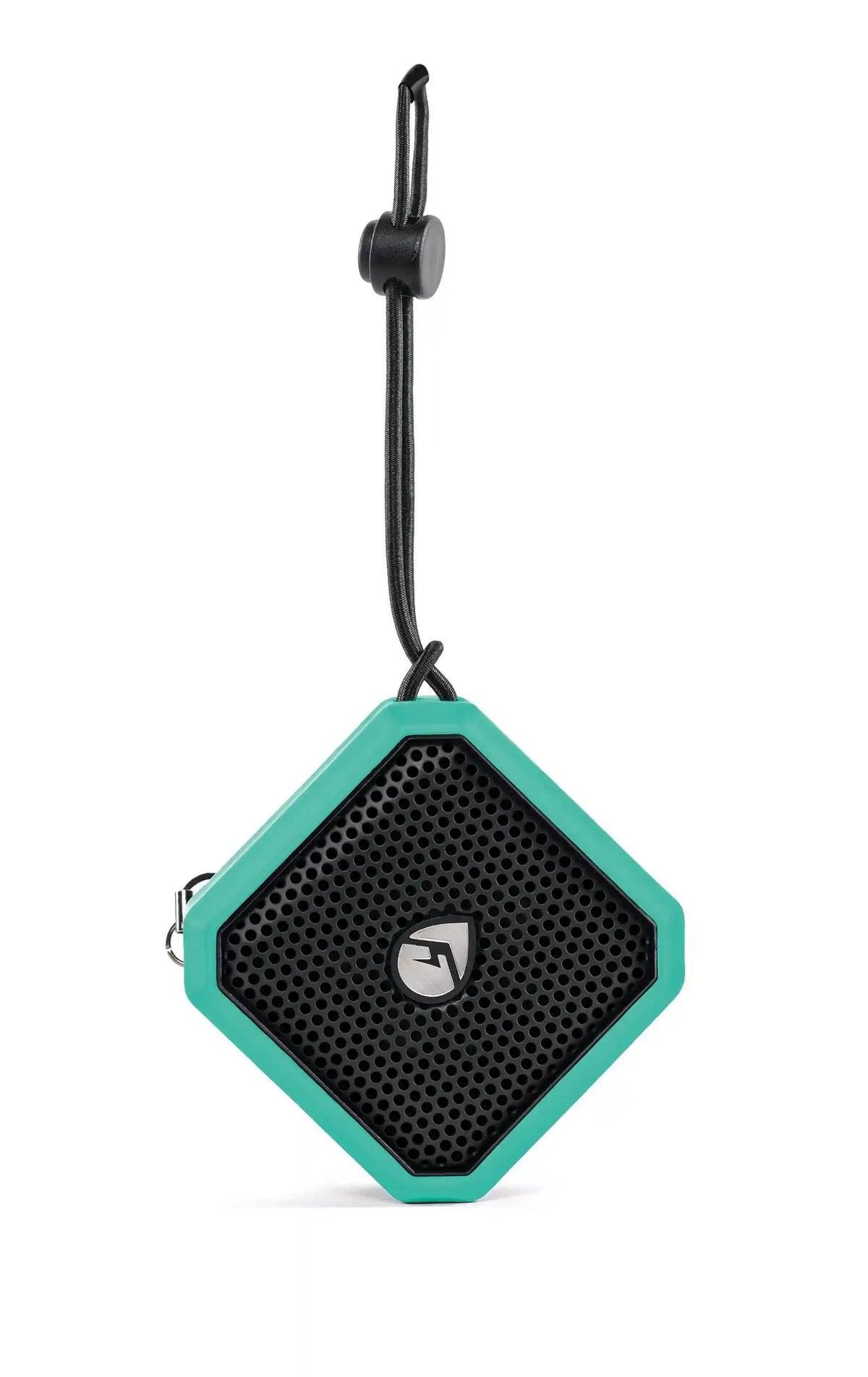Hexagonal green and black portable speaker with a strap on a white background
