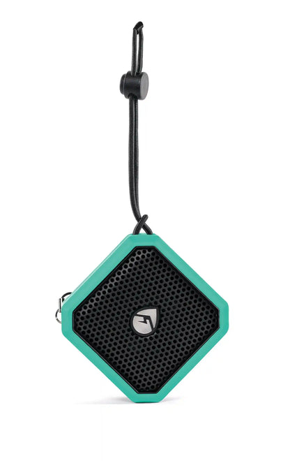Hexagonal green and black portable speaker with a strap on a white background