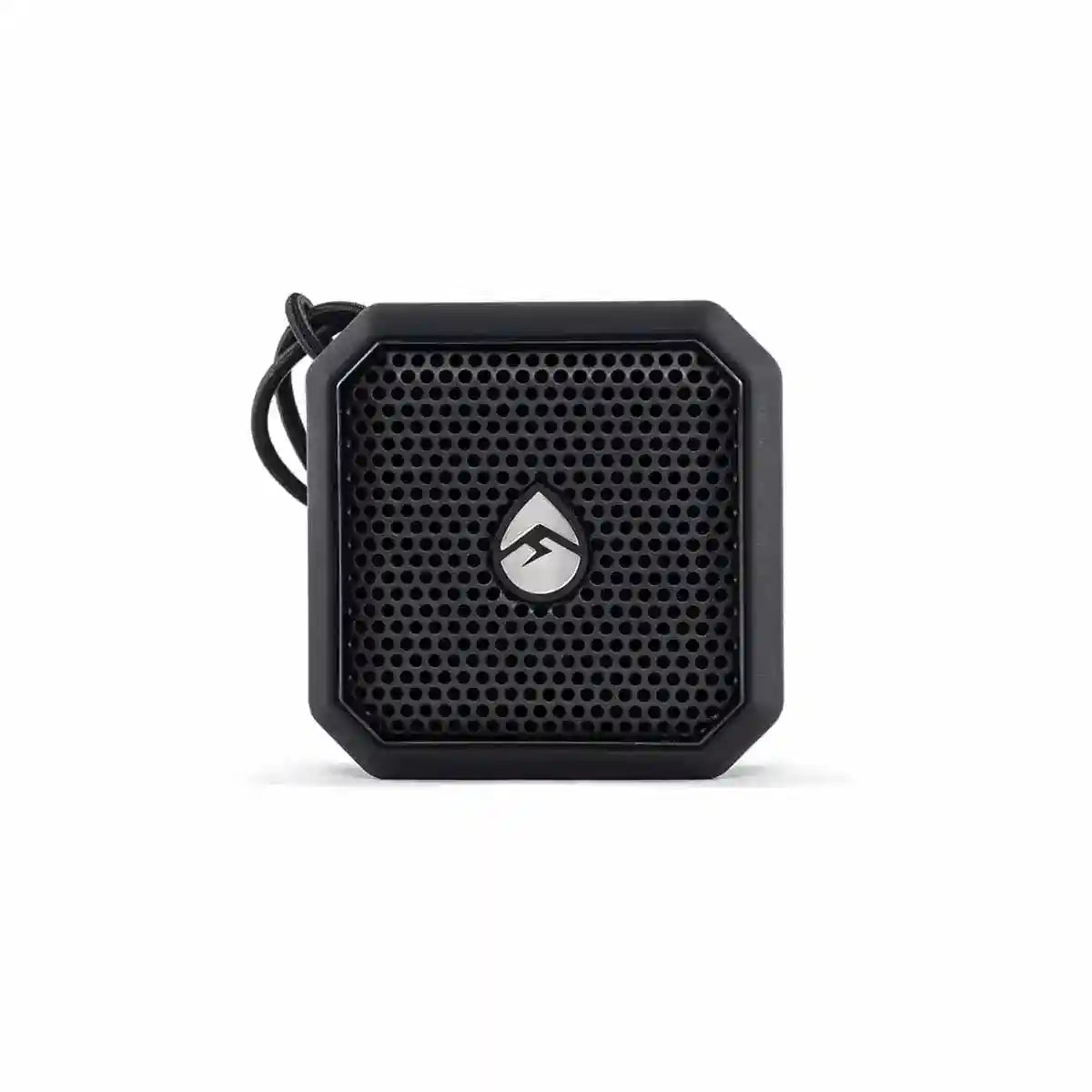 Black portable speaker with a brand logo on a white background