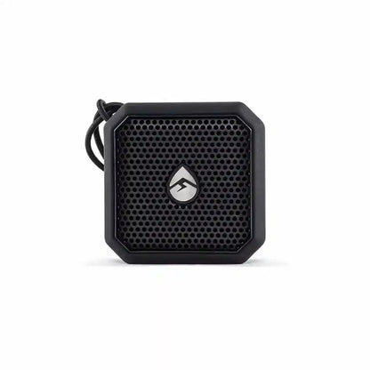 Black portable speaker with a brand logo on a white background