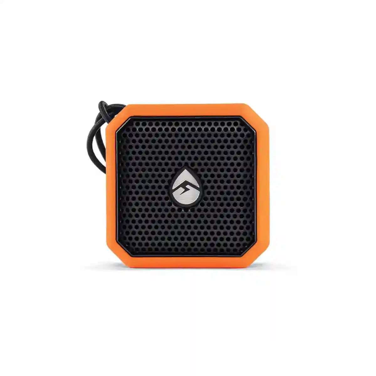 Orange and black portable speaker on a white background