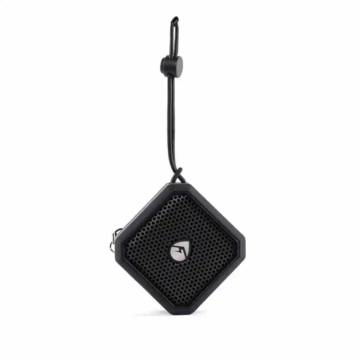 Black portable speaker with a hanging strap on a white background