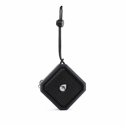 Black portable speaker with a hanging strap on a white background