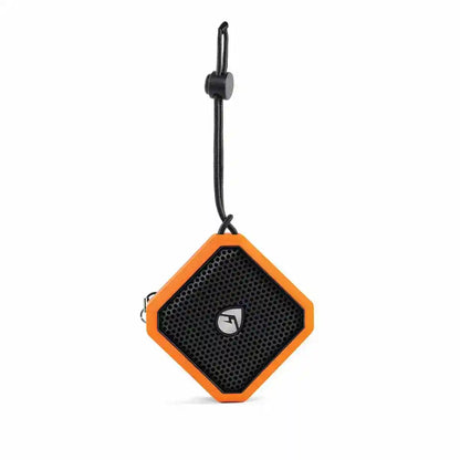 Orange and black portable speaker with a hanging strap on a white background