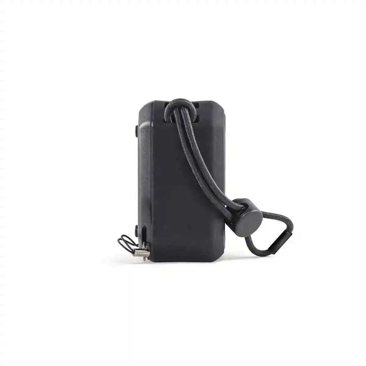 Black keychain device with a strap on a white background