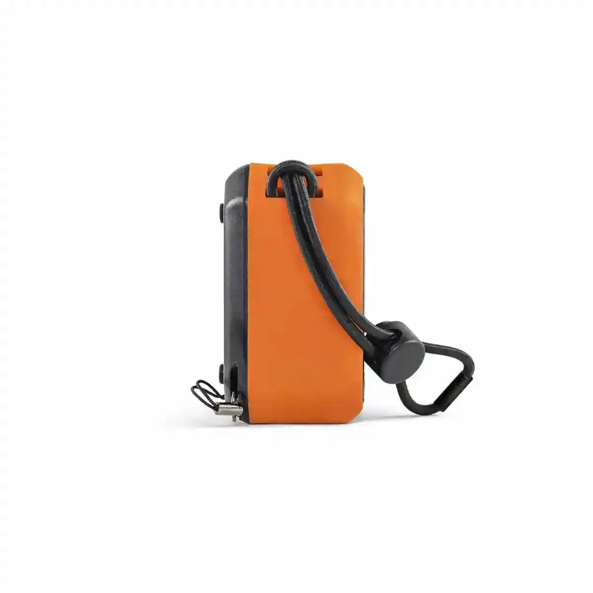 Orange EcoPebble with a black strap on a white background