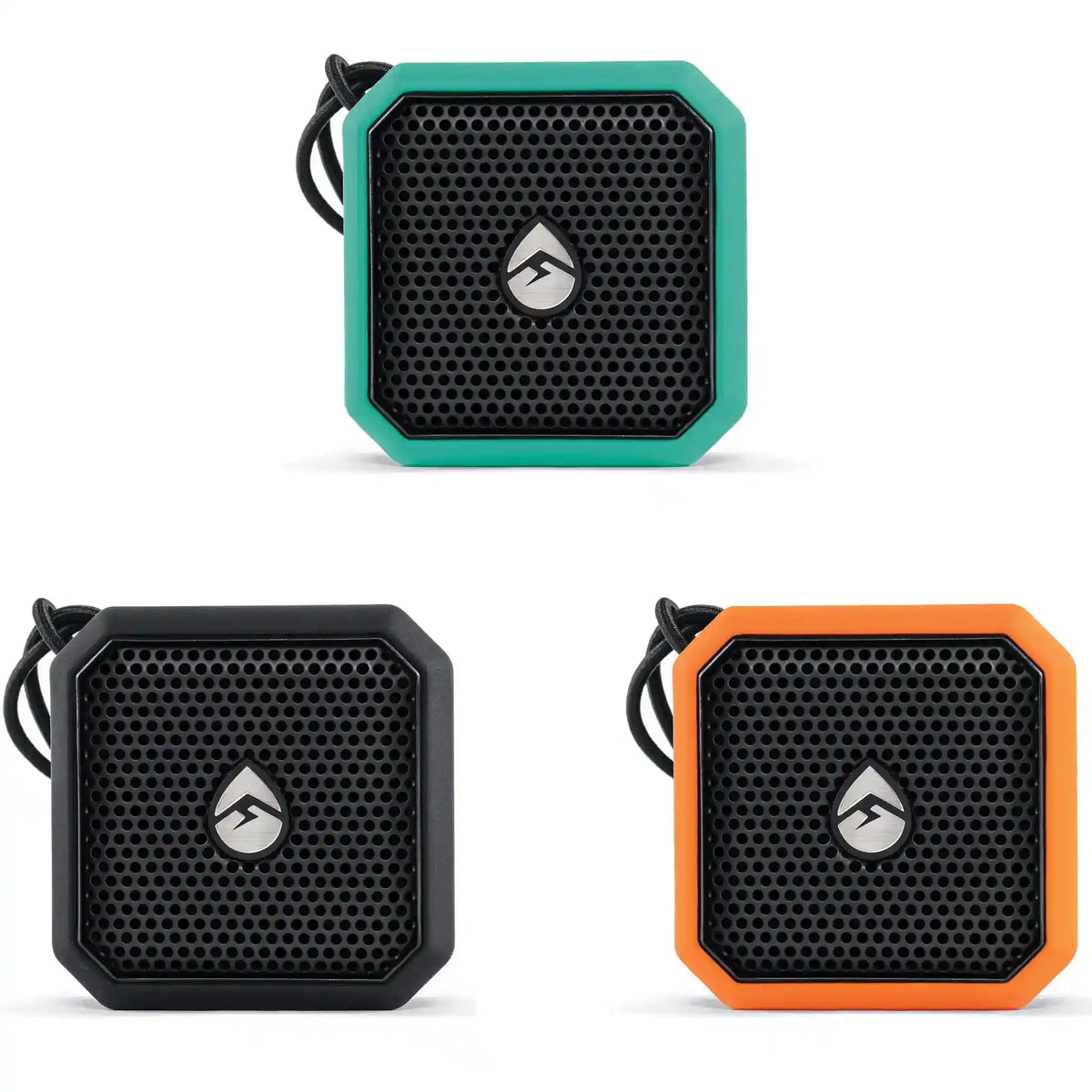 Three portable speakers in black, teal, and orange on a white background