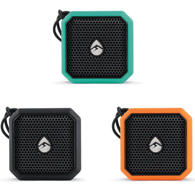Three portable speakers in black, teal, and orange on a white background