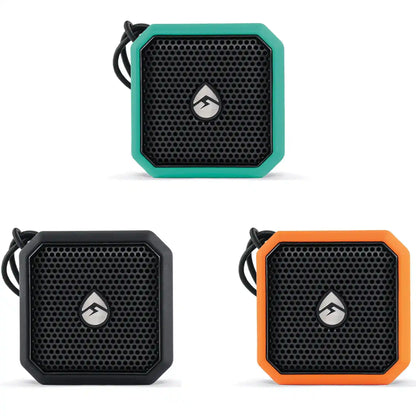 Three portable speakers in black, teal, and orange on a white background