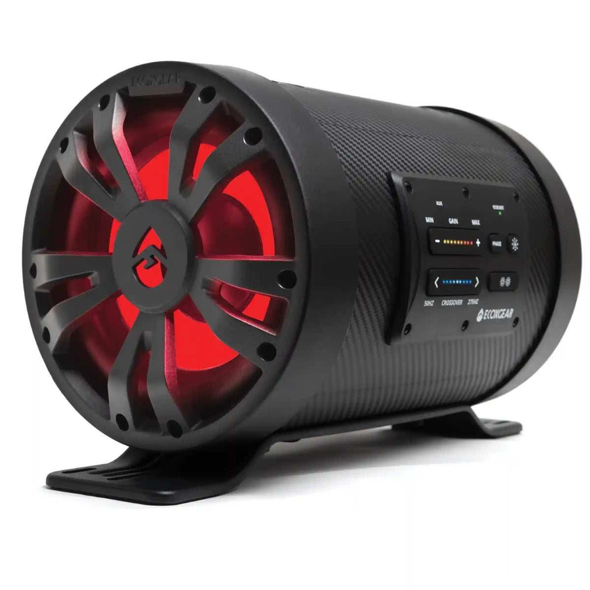 Black speaker with red interior on a white background