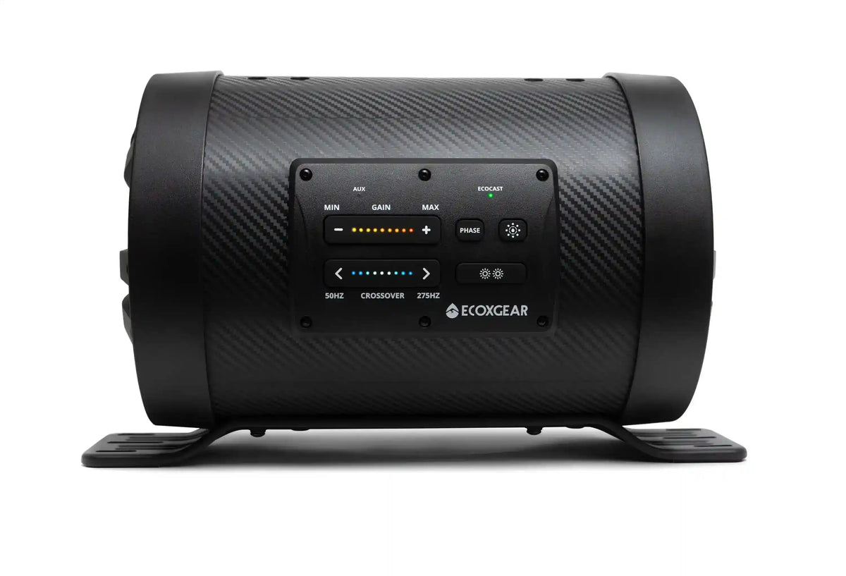 Black portable speaker with control panel on a white background