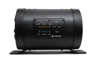 Black portable speaker with control panel on a white background