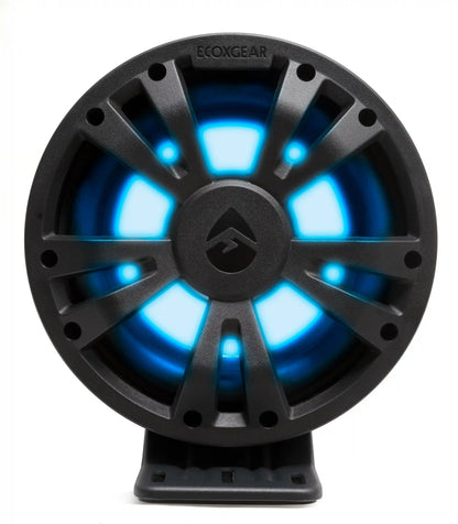 Black speaker with blue LED lights on a white background