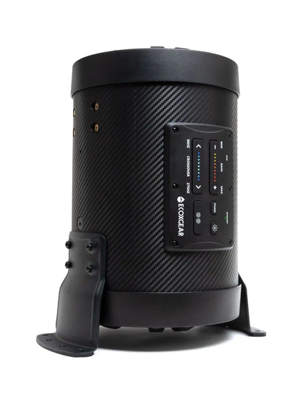 Black portable speaker with carbon fiber texture on a white background