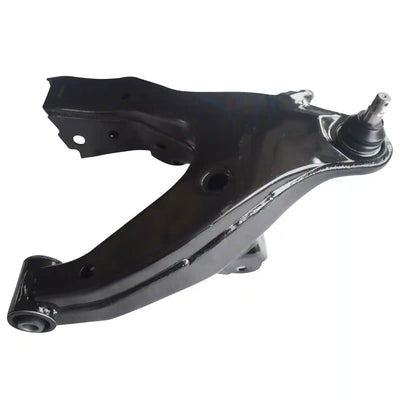 Black metal automotive control arm on a white background