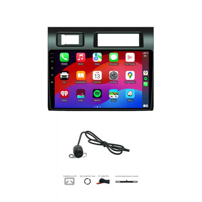Car multimedia system with touchscreen display and camera on a white background