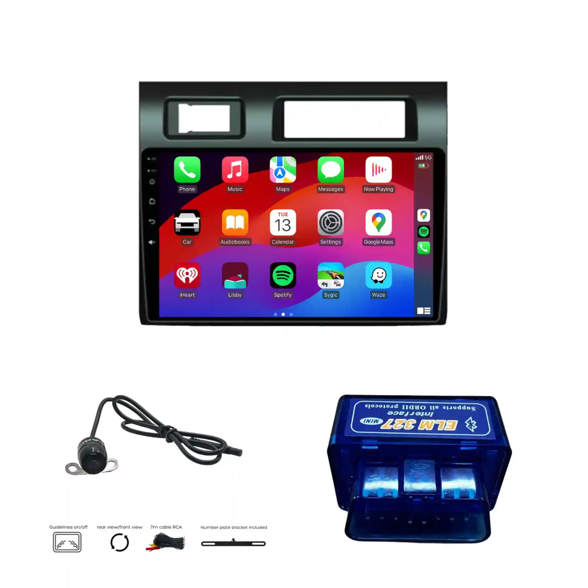 Car multimedia system with touchscreen display, camera, and amplifier on a white background