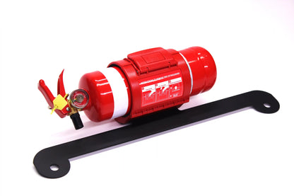 Red fire extinguisher with a black strap on a white background